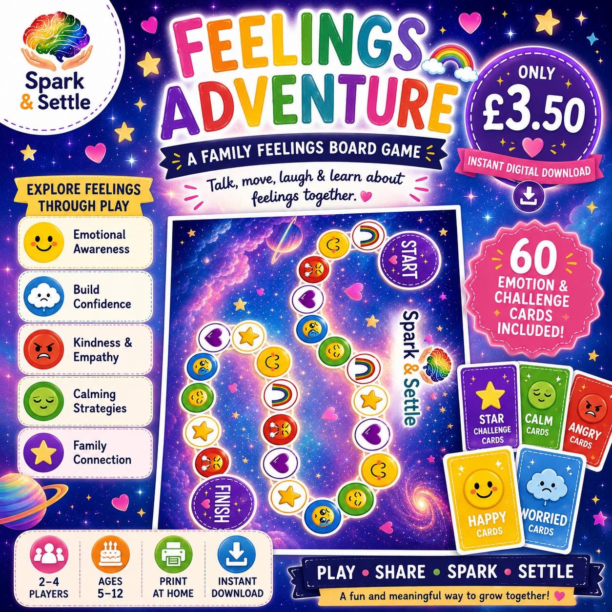Spark & Settle family feelings board game